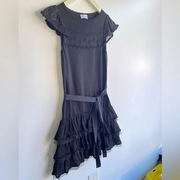 Red Valentino Black Knit Ruffle Dress Tie Waist Eyelet Lace Tiered Mini Sz XS S - Picture 4 of 15